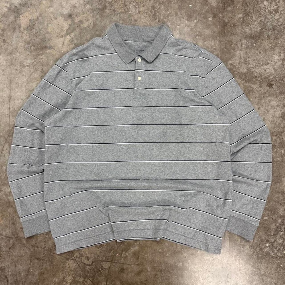 St Johns Bay Vintage Y2K Gray Pinstripe Rugby Long Sleeve Polo Shirt Mens XL